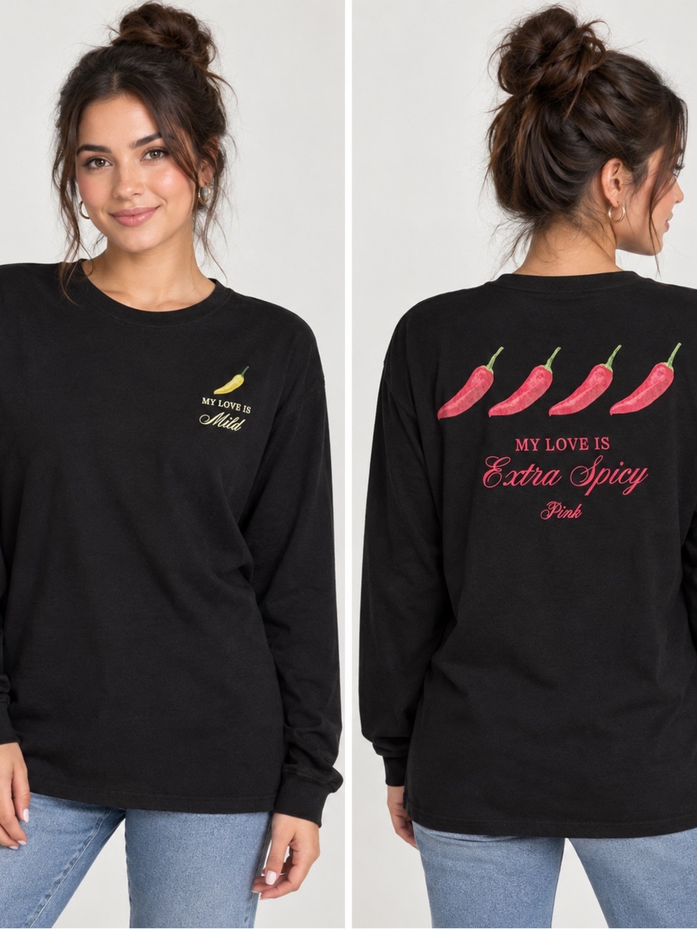 PINK Victoria's Secret Black Long-Sleeve Tee with Chili Pepper Graphic